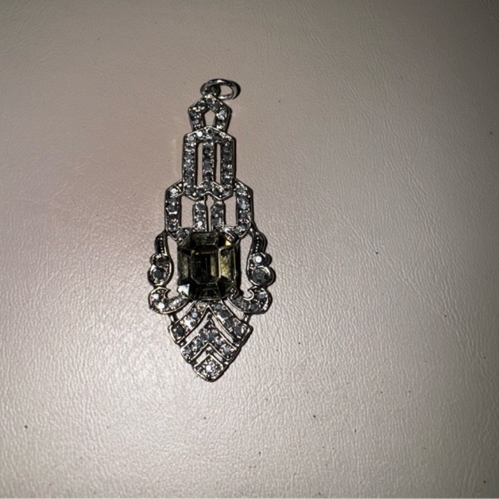 Elegant Art Deco Inspired Style Smoky Quartz & Crystal Silver Tone Pendant
